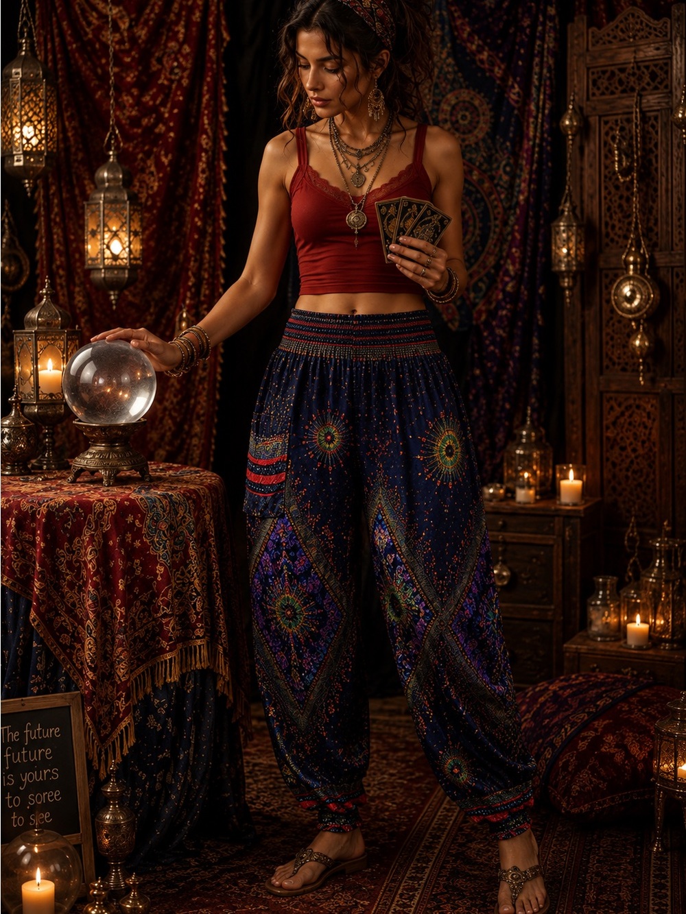 Boho-Print Navy women’s Drawstring Pants